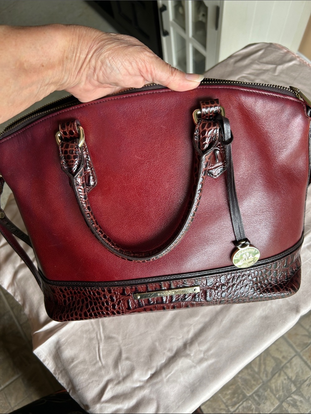 Brahmin Burgundy Leather Satchel with Croc-Embossed Trim - Picture 11 of 16